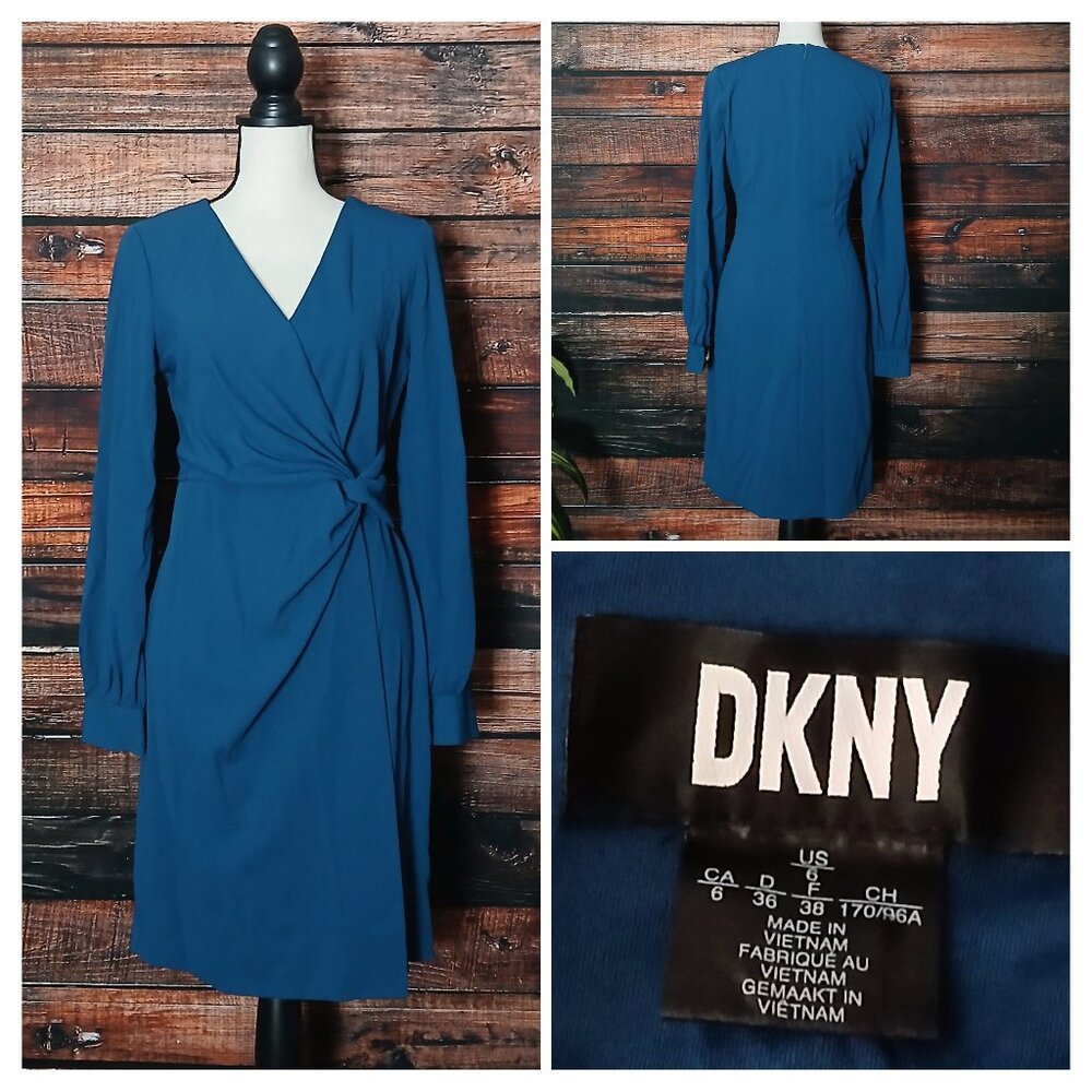 DKNY Dress Size 6 Side Twist Knot Wrap Long Sleeve Scuba Blue